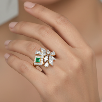 Generated image of an Indian female model wearing the yellow gold princess-cut emerald with pavé diamond halo and marquise diamond butterfly cluster cocktail ring