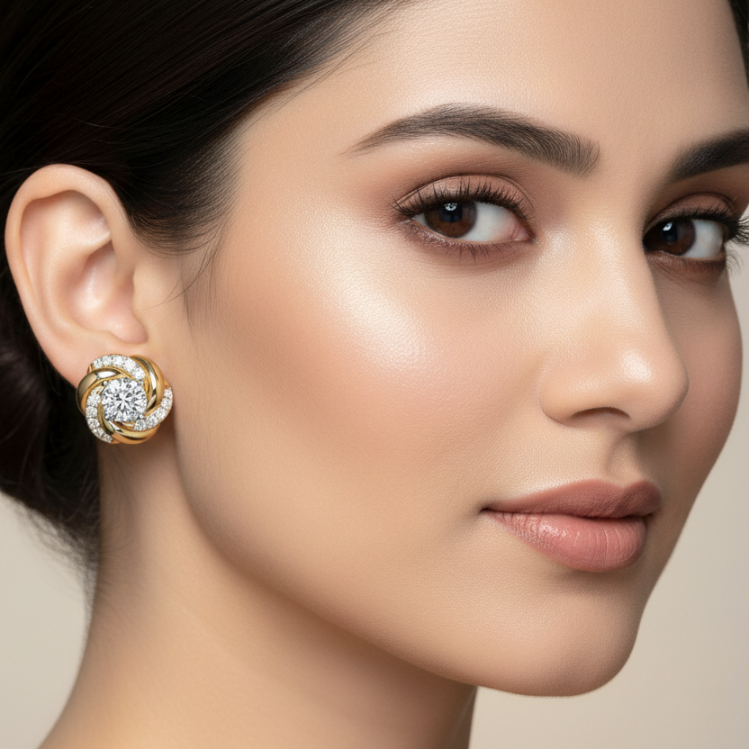 Generated image of an Indian female model wearing the yellow gold round brilliant diamond love knot swirl halo stud earrings