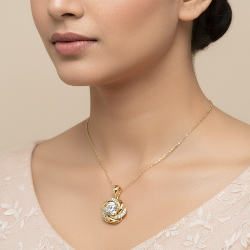 Generated image of an Indian female model wearing the yellow gold round brilliant diamond solitaire swirl love knot pendant necklace
