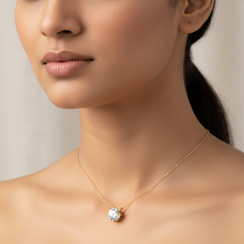 Generated image of an Indian female model wearing the yellow gold six-prong round brilliant diamond solitaire pendant
