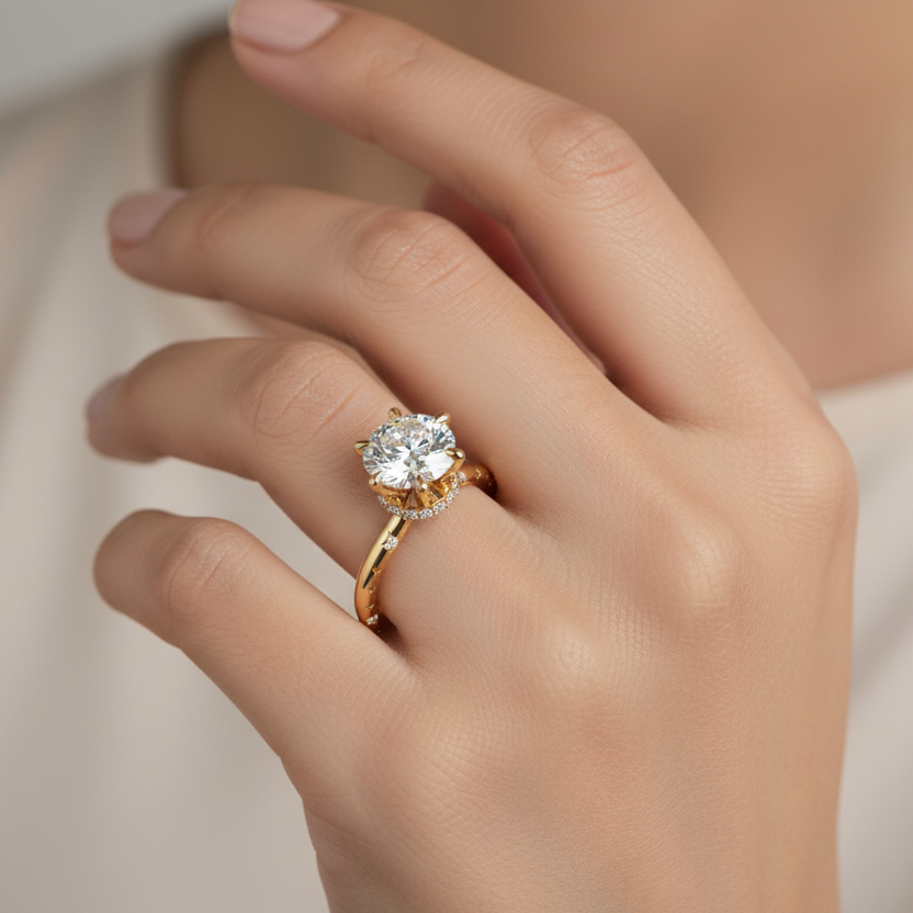 Generated image of an Indian female model wearing the yellow gold six-prong round brilliant solitaire engagement ring with hidden micro-pavé halo and celestial star-engraved scattered diamond band