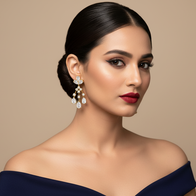 Generated image of an Indian female model wearing the yellow gold three-petal oval diamond cluster stud top with triple pear diamond chandelier drop earrings in a very small petite size