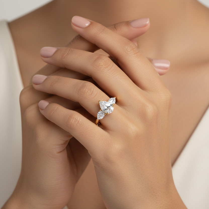 Generated image of an Indian female model wearing the yellow gold three-stone pear diamond trilogy engagement ring in a small petite size