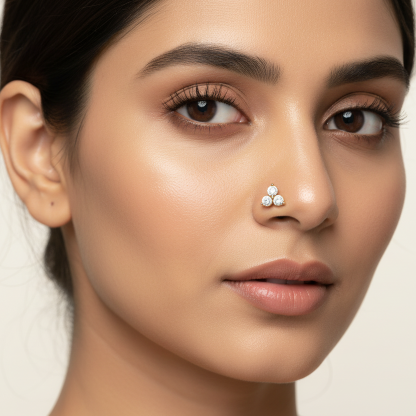 Generated image of an Indian female model wearing the yellow gold three-stone trefoil diamond nose pin - fresh variation