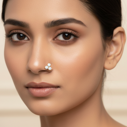 Generated image of an Indian female model wearing the yellow gold trinity cluster diamond nose pin - variation 2
