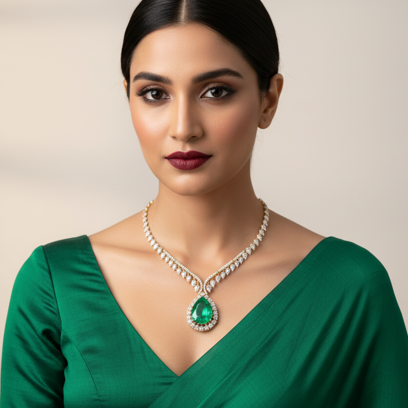 Generated image of an Indian female model wearing the yellow gold V-shaped graduating pear diamond fringe collar necklace with magnificent large pear emerald double halo pendant drop