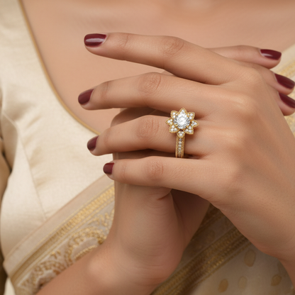 Generated image of an Indian female model wearing the yellow gold vintage Art Deco lotus flower halo engagement ring with milgrain-edged pointed petal halo and pavé diamond milgrain shank