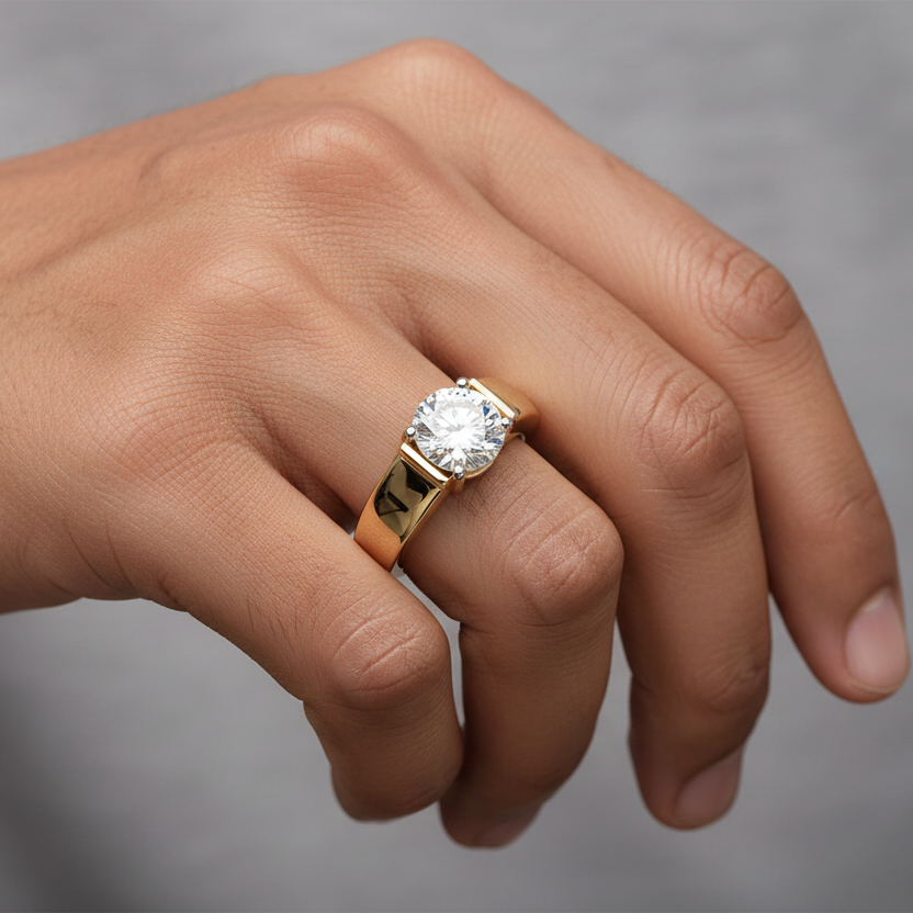 Generated image of an Indian male model wearing the yellow gold four-prong round brilliant solitaire ring with bold wide domed cathedral tension-style band
