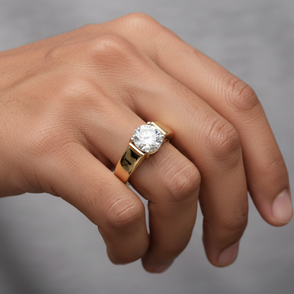 Generated image of an Indian male model wearing the yellow gold four-prong round brilliant solitaire ring with bold wide domed cathedral tension-style band