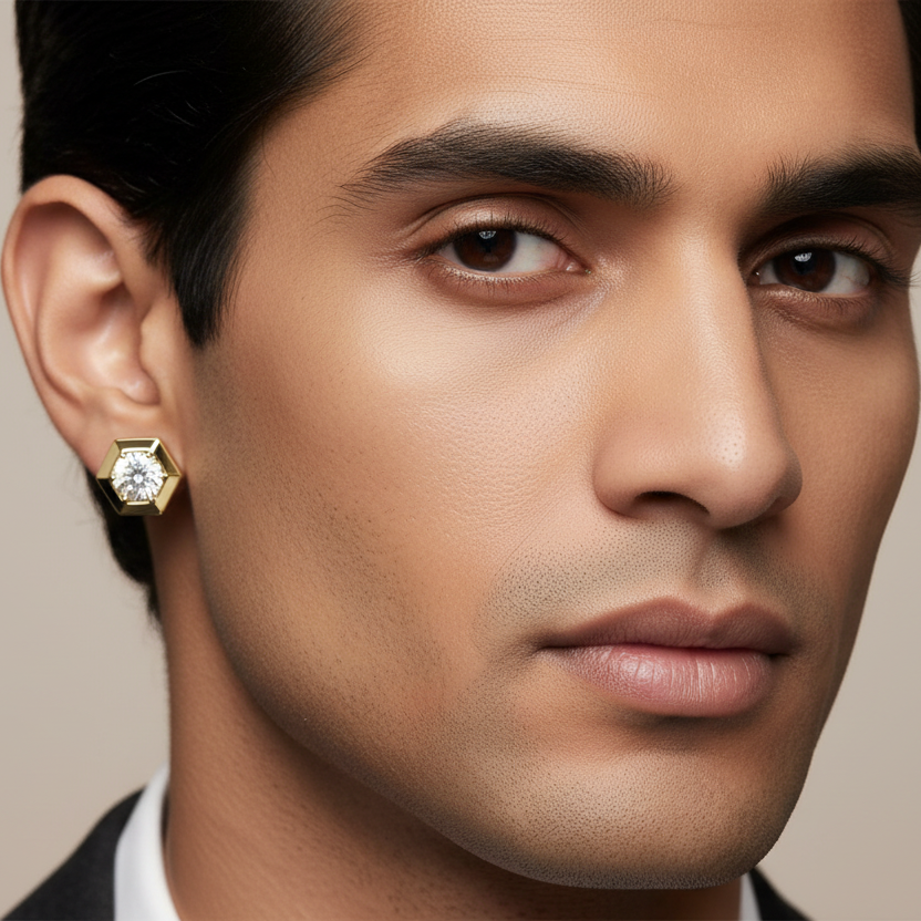 Generated image of an Indian male model wearing the yellow gold hexagon frame six-prong round brilliant diamond solitaire stud earring