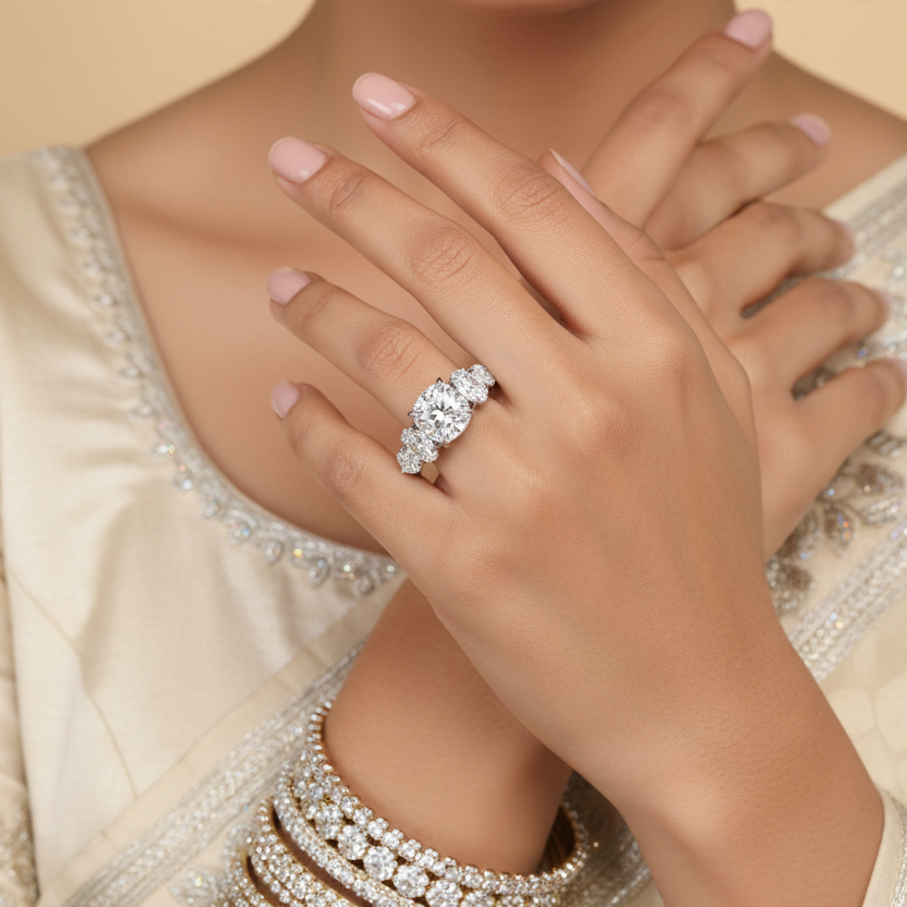 Close-up of a hand wearing a diamond ring with a beige background
