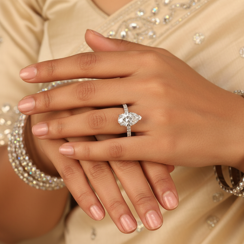 Close-up of hands wearing a diamond ring and multiple bracelets on a beige fabric background