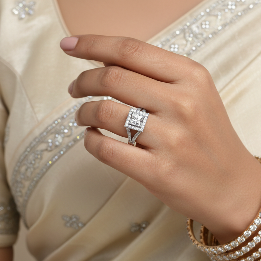 Generated Indian bridal editorial variation - beautiful Indian female model wearing the white gold princess-cut diamond halo engagement ring with spectacular square pavé halo and split double pavé shank, warm studio lighting on champagne background with soft ivory silk saree blouse with delicate embroidery, soft rose nails and delicate diamond or pearl bangles stacked alongside for a beautiful traditional Indian bridal context