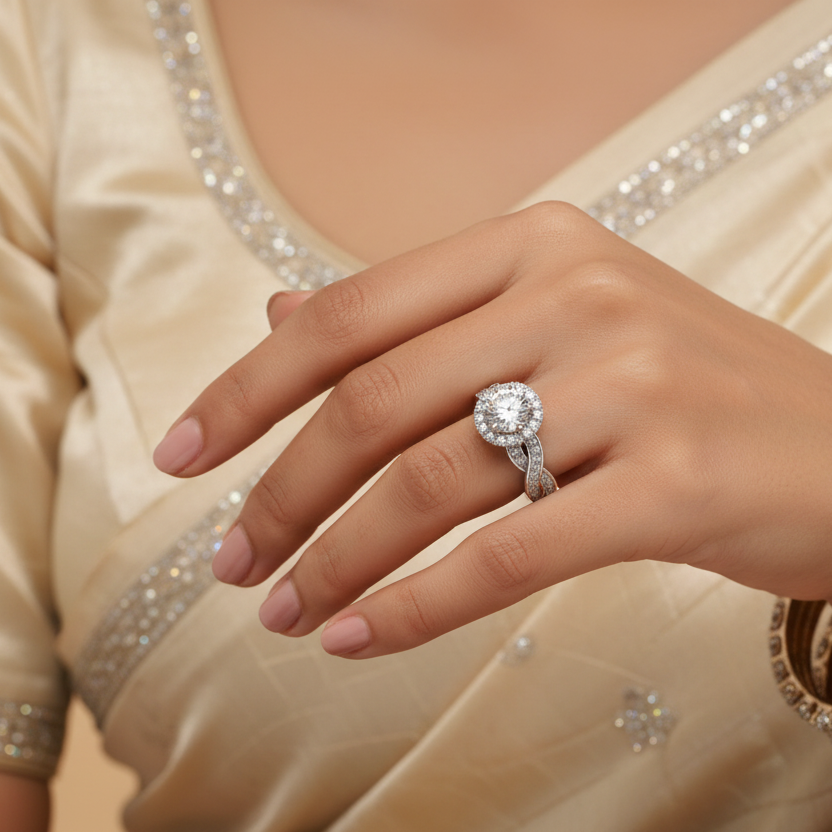 Generated Indian bridal editorial variation - beautiful Indian female model wearing the white gold round brilliant diamond halo ring with spectacular twisted infinity braided double-row pavé diamond shank, warm studio lighting on champagne background with soft ivory silk saree blouse with delicate silver embroidery, soft rose nails and delicate diamond bangles stacked alongside for a beautiful traditional Indian bridal context, all diamonds blazing simultaneously with extraordinary icy white brilliance