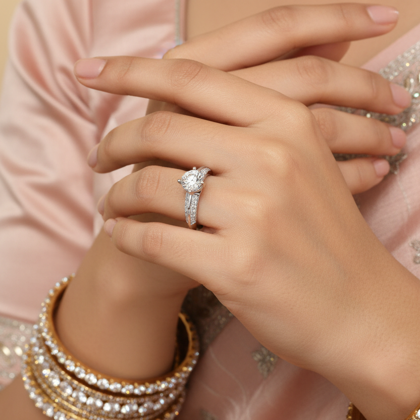 Close-up of a hand wearing a diamond ring with a pink saree and bangles.