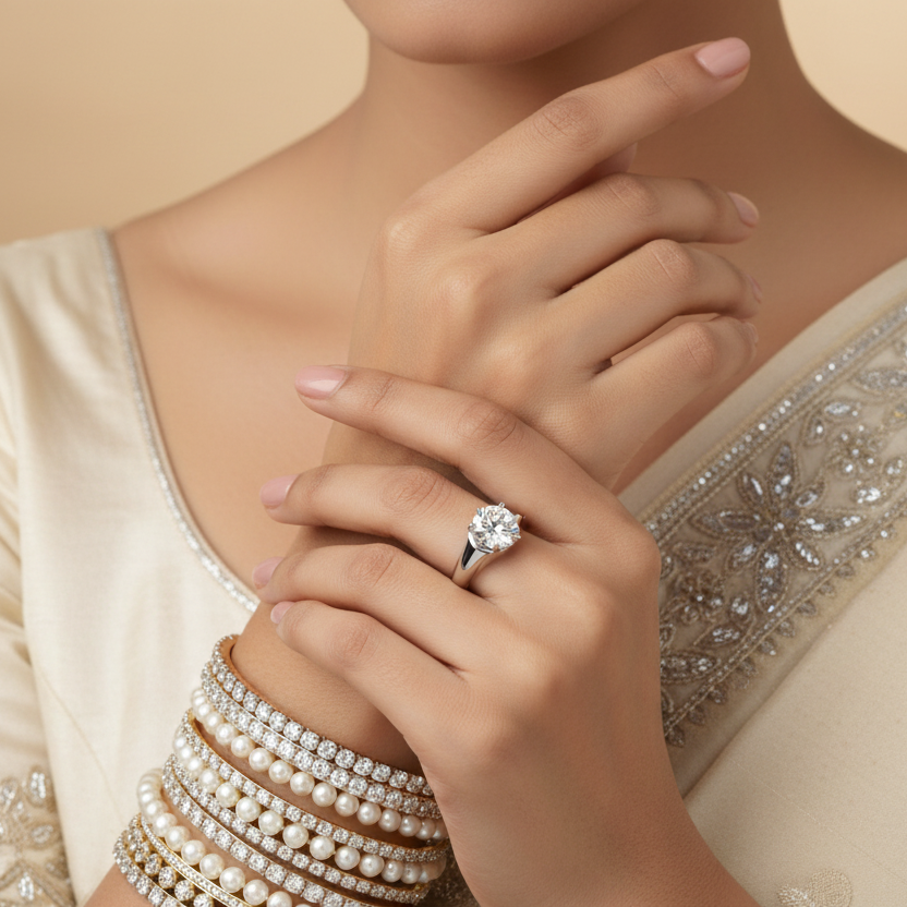 Generated Indian bridal editorial variation - beautiful Indian female model wearing the white gold six-claw Tiffany-style round brilliant diamond solitaire engagement ring, warm studio lighting on champagne background with rich soft ivory silk saree blouse with delicate silver zari embroidery, soft rose nails and delicate diamond or pearl bangles stacked alongside for a beautiful traditional Indian bridal context