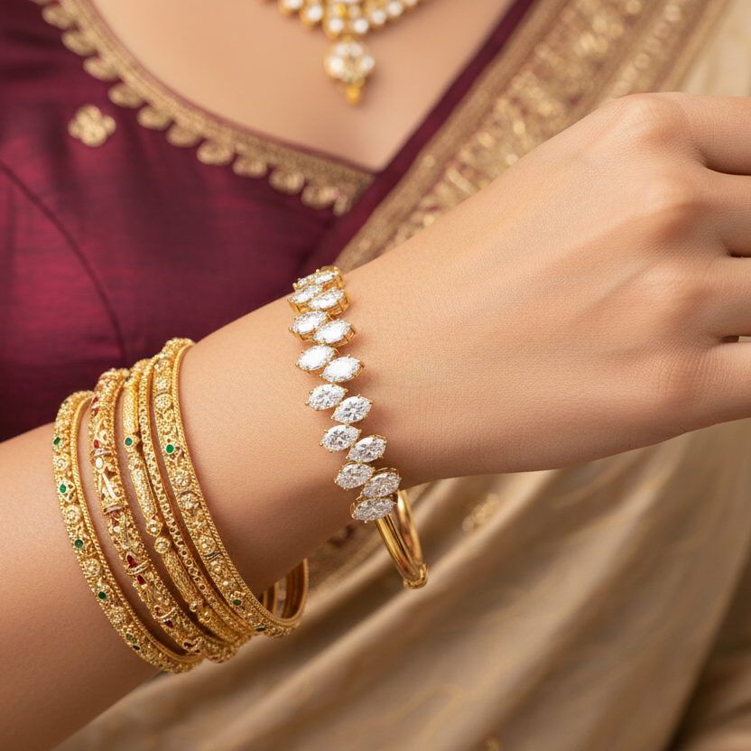Generated Indian bridal editorial variation - beautiful Indian female model wearing the yellow gold scattered marquise diamond bangle bracelet, warm studio lighting on champagne background with rich burgundy silk saree blouse with gold embroidery, deep rose nails and delicate gold bangles stacked alongside the diamond marquise bangle for a beautiful traditional Indian bridal layered wrist context
