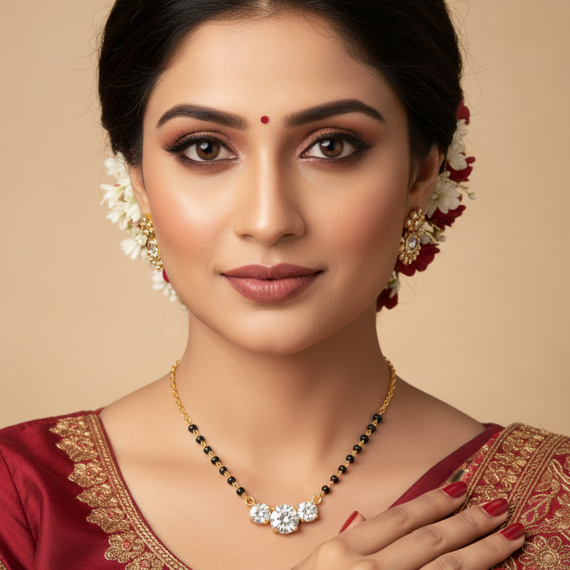 Generated Indian bridal editorial variation - beautiful Indian married female model wearing the yellow gold three-stone round brilliant diamond trilogy mangalsutra, warm studio lighting on champagne background with rich burgundy silk saree blouse with gold embroidery, traditional bridal makeup with kajal and bindi, beautiful traditional updo with gold hair accessories and fresh flowers