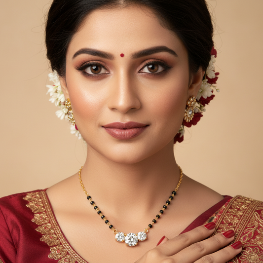 Generated Indian bridal editorial variation - beautiful Indian married female model wearing the yellow gold three-stone round brilliant diamond trilogy mangalsutra, warm studio lighting on champagne background with rich burgundy silk saree blouse with gold embroidery, traditional bridal makeup with kajal and bindi, beautiful traditional updo with gold hair accessories and fresh flowers
