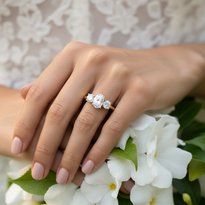 Generated outdoor botanical lifestyle variation - beautiful Indian female model wearing the yellow gold oval-centre three-stone trilogy ring, soft natural daylight with beautiful creamy green garden bokeh background, hand resting among soft white flower petals with delicate white lace dress and blush nude nails in a timelessly romantic outdoor engagement ring editorial