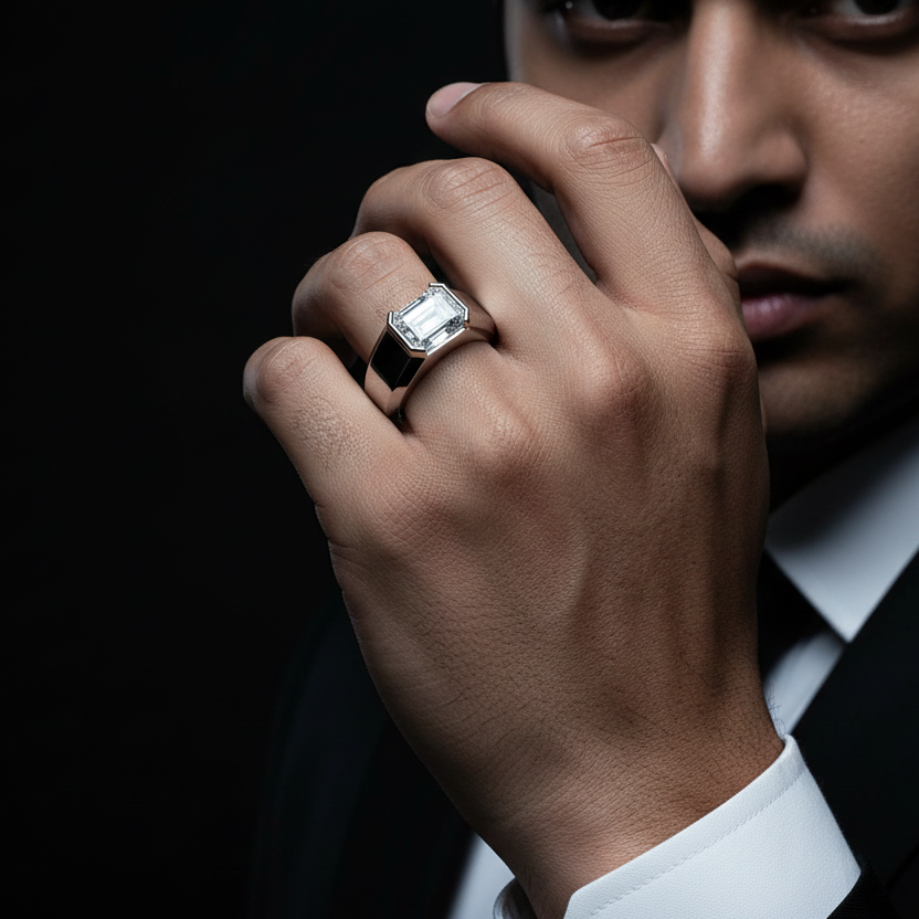 Man wearing a diamond ring on a dark background