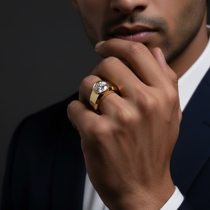 Man wearing a gold ring with a diamond on a dark background