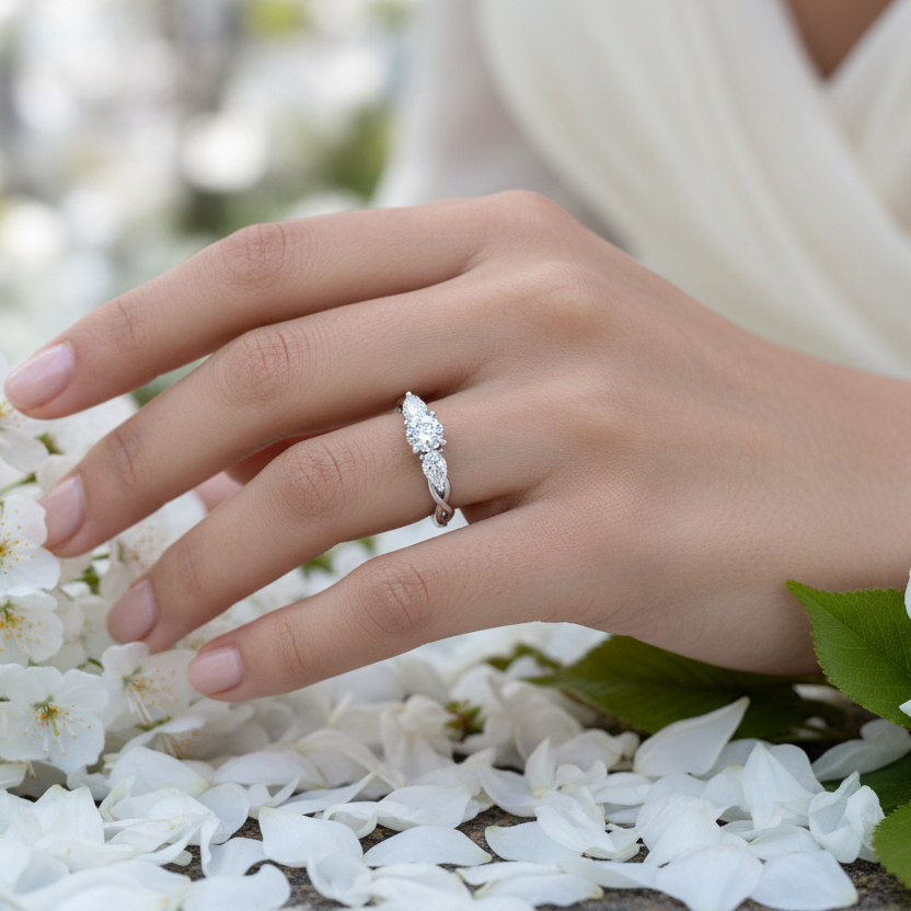 Generated soft outdoor botanical lifestyle variation - beautiful Indian female model wearing the white gold round brilliant and marquise-cut diamond trilogy ring with spectacular twisted infinity vine shank, soft natural daylight with beautifully blurred white cherry blossom and green garden bokeh background, hand resting among soft white flower petals with delicate white lace dress and soft nude nails in a timelessly romantic outdoor engagement ring editorial
