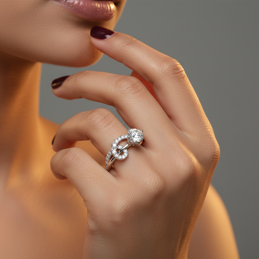 Generated third variation - Indian female model wearing the white gold pavé diamond infinity loop solitaire engagement ring, side profile editorial shot with warm golden hour lighting