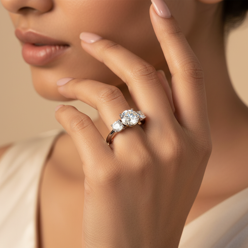 Generated warm golden hour lifestyle side-profile variation - beautiful Indian female model wearing the white gold round brilliant diamond three-stone trilogy engagement ring shown in beautiful side-profile revealing the spectacular elevation of the very large round brilliant centre diamond flanked by two substantial round brilliant side stones above the smooth slim plain white gold shank, soft warm golden hour light on champagne background with delicate ivory silk outfit and soft nude nails