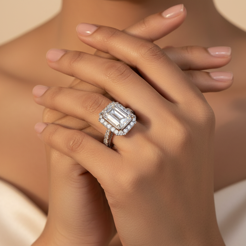 Generated warm golden hour lifestyle variation showing the spectacular side-profile view of the white gold emerald-cut diamond halo engagement ring - beautiful Indian female model with the ring shown in profile revealing the magnificent elevated cathedral setting height and gorgeous split double pavé shank architecture, soft warm golden hour light on champagne background with delicate ivory silk outfit and soft nude nails