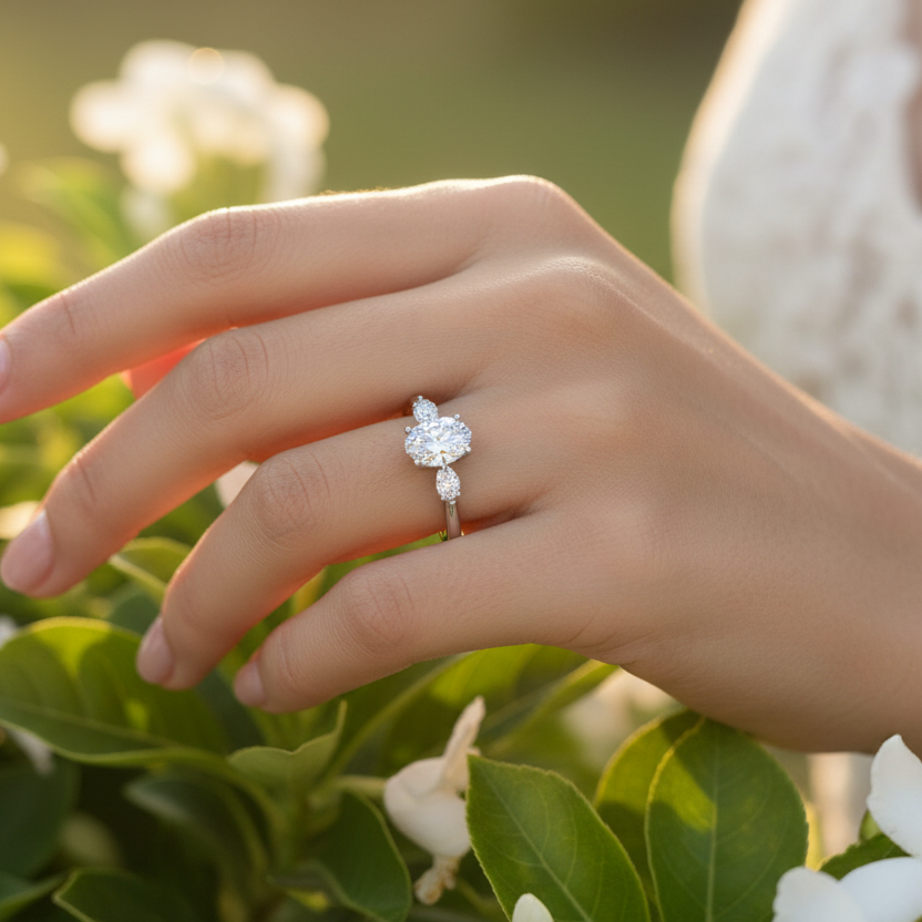 Generated warm golden hour outdoor botanical lifestyle variation - beautiful Indian female model wearing the white gold oval-cut diamond trilogy engagement ring with very large oval-cut centre diamond and two elegant pear-cut side stones, soft warm golden hour light with beautifully blurred lush green garden bokeh background, hand resting among soft green leaves and white flower petals with delicate blush chiffon dress and soft nude nails in a timelessly romantic outdoor engagement ring editorial