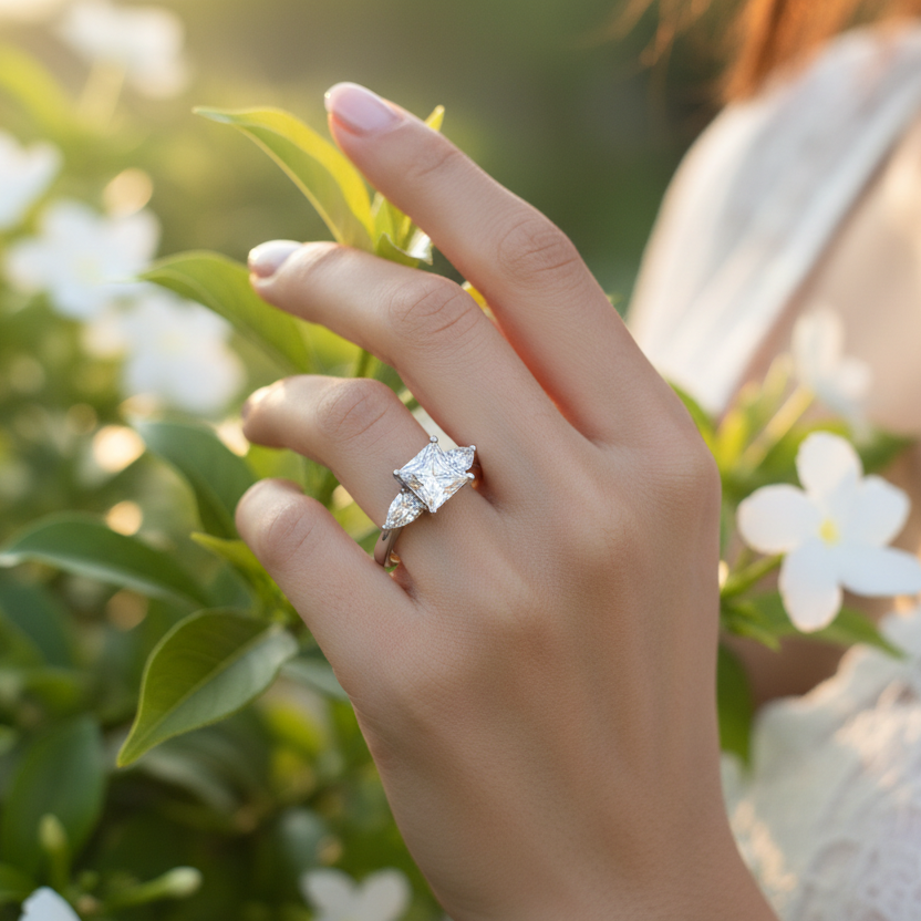 Generated warm golden hour outdoor botanical lifestyle variation - beautiful Indian female model wearing the white gold princess-cut and pear diamond trilogy ring, soft warm golden hour light with beautifully blurred lush green garden bokeh background, hand resting among soft green leaves and white flower petals with delicate blush chiffon dress and soft nude nails, the very large princess-cut centre diamond and both substantial pear-cut side stones blazing simultaneously with extraordinary icy brilliance