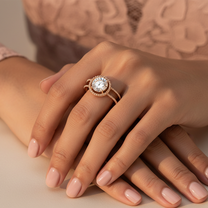 Generated warm lifestyle variation - beautiful Indian female model wearing the rose gold round brilliant diamond solitaire with beaded milgrain circular halo and elegant double split-shank with open rectangular cutwork windows, warm golden hour light on ivory background with delicate blush silk styling and intimate relaxed hand pose