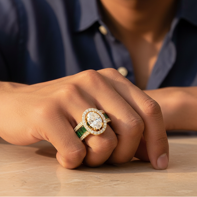 Generated warm lifestyle variation - handsome Indian male model wearing the yellow gold oval diamond double halo ring with vivid green emerald baguette full-eternity triple-row shank, warm golden hour light on champagne background with relaxed white linen shirt styling and hand resting on warm marble surface
