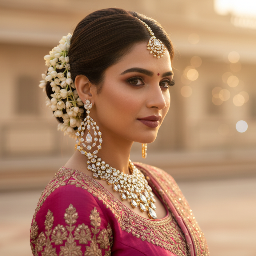 Woman in traditional attire with jewelry and floral hair accessories, standing in front of a blurred architectural background.