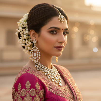 Woman in traditional attire with jewelry and floral hair accessories, standing in front of a blurred architectural background.