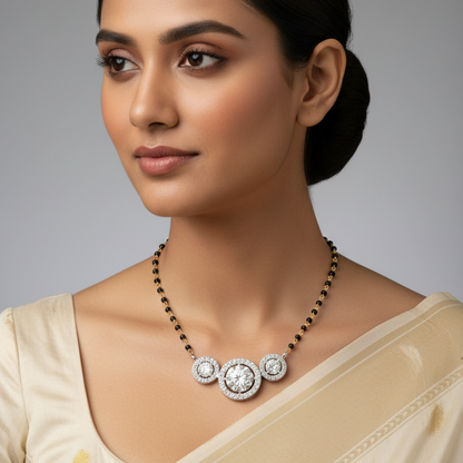 Indian female model wearing white gold three-circle diamond cluster mangalsutra on traditional black and gold bead chain