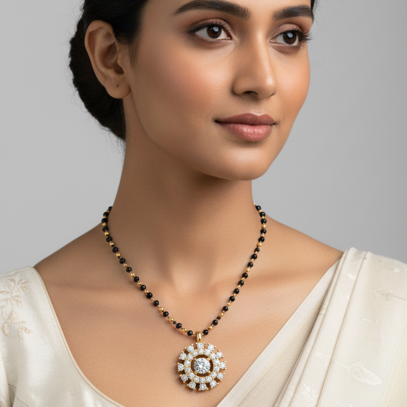 Indian female model wearing yellow gold sunburst diamond mangalsutra pendant on traditional black and gold bead chain