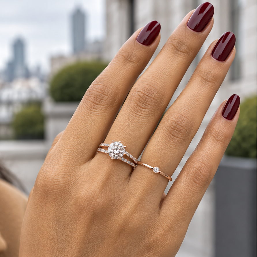 Indian female model's hand with warm golden skin and bold deep burgundy oxblood red manicure wearing a very small rose gold round brilliant diamond solitaire engagement ring with a double split-shank pavé diamond band — distinctive split shank dividing into two separate parallel rows both fully lined with round brilliant diamonds in pavé with an open space between; the two diamond-encrusted split shanks converging at a six-prong rose gold ball-tip claw setting holding a large round brilliant diamond solitai