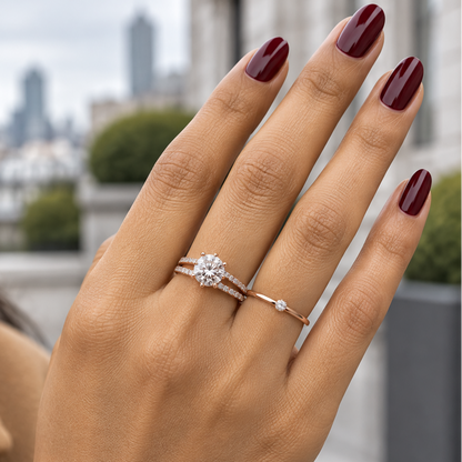 Indian female model's hand with warm golden skin and bold deep burgundy oxblood red manicure wearing a very small rose gold round brilliant diamond solitaire engagement ring with a double split-shank pavé diamond band — distinctive split shank dividing into two separate parallel rows both fully lined with round brilliant diamonds in pavé with an open space between; the two diamond-encrusted split shanks converging at a six-prong rose gold ball-tip claw setting holding a large round brilliant diamond solitai