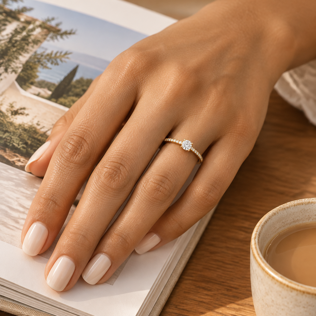 Indian female model's hand with warm golden skin and clean warm ivory soft cream-white manicure wearing a very small yellow gold round brilliant diamond solitaire engagement ring with a pavé diamond shoulder band — slim yellow gold band with round brilliant diamonds in pavé settings running along both shoulders extending about halfway around; the pavé shoulders tapering to a four-prong yellow gold claw setting holding a round brilliant diamond solitaire sitting low and elegantly close to the finger; ring wo