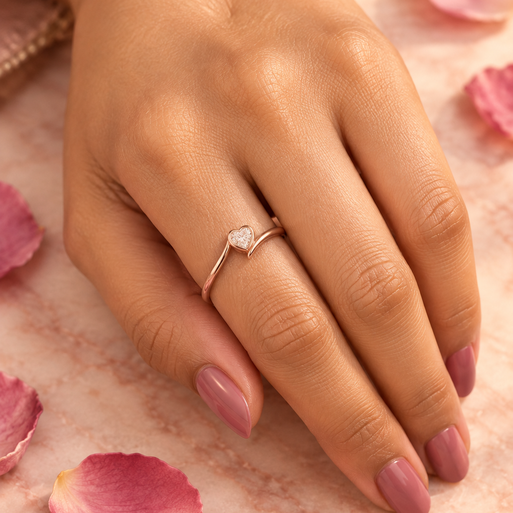 Indian female model's hand with warm golden skin and soft dusty rose mauve-pink manicure wearing a very small rose gold heart-shaped diamond bypass ring — the ring with a slim plain polished rose gold shank with a bypass twist design where one end curves up and wraps around to cradle a heart-shaped diamond in a smooth rose gold bezel frame; the heart diamond sitting offset on the finger the point of the heart facing toward the fingertip; ring worn alone on the ring finger hand resting gracefully with finger