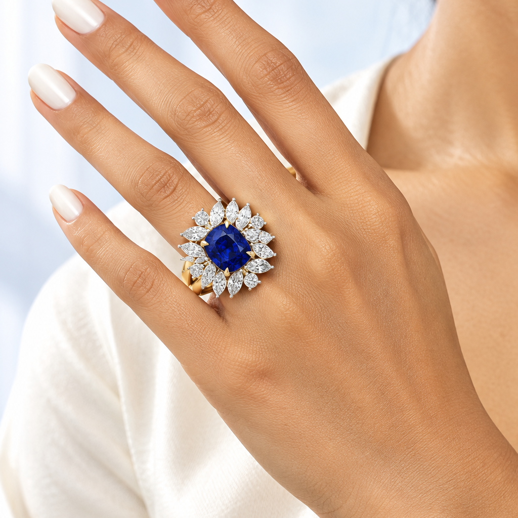 Indian female model's hand with warm golden skin and striking pearl white ivory manicure wearing a very small yellow gold royal blue sapphire and diamond starburst cocktail ring — a wide substantial high-polish plain yellow gold split shank with a large deep royal blue cushion-cut sapphire in a four-prong yellow gold claw setting surrounded by a spectacular double-layer starburst crown halo of alternating marquise-cut diamonds and round brilliant diamonds radiating outward in a full dramatic sunburst crown 