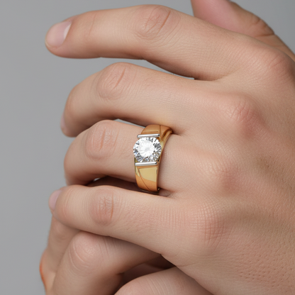 Male model wearing bold yellow gold solitaire diamond ring