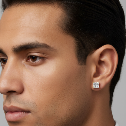 Male model wearing princess-cut diamond stud earring