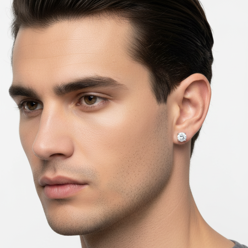 Male model wearing small white gold diamond stud earring