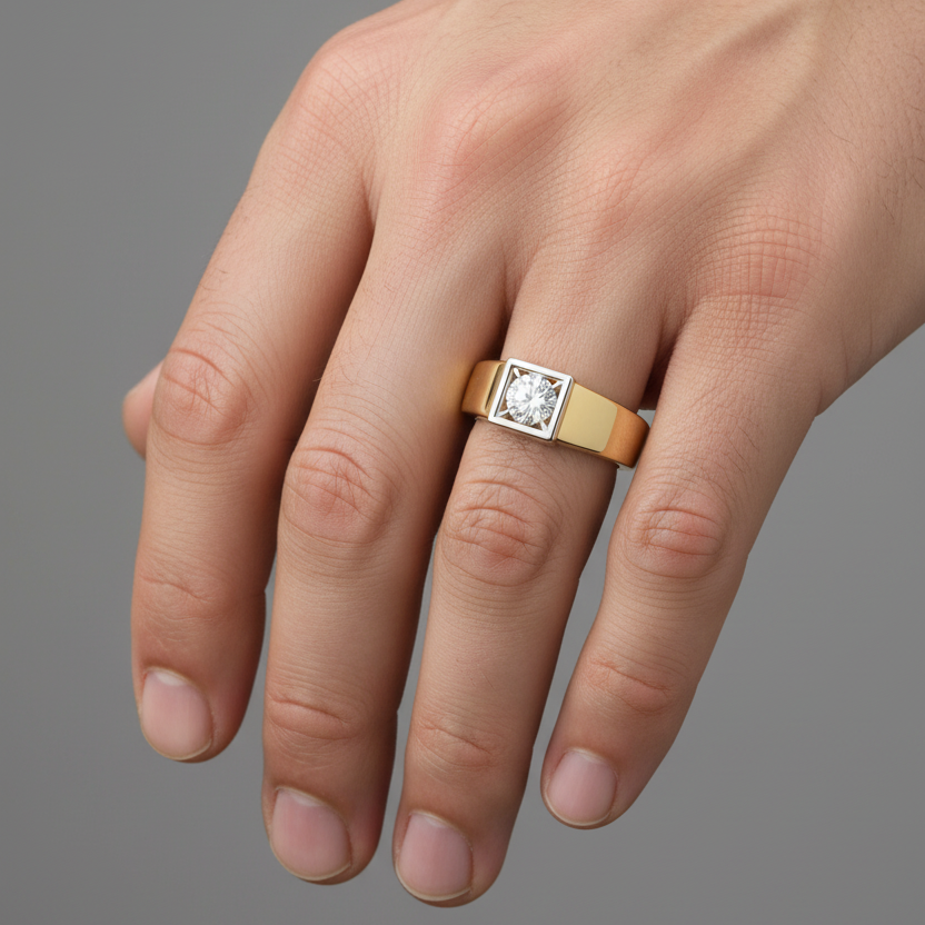 Male model wearing two-tone yellow gold signet-style round diamond solitaire ring with square white gold bezel