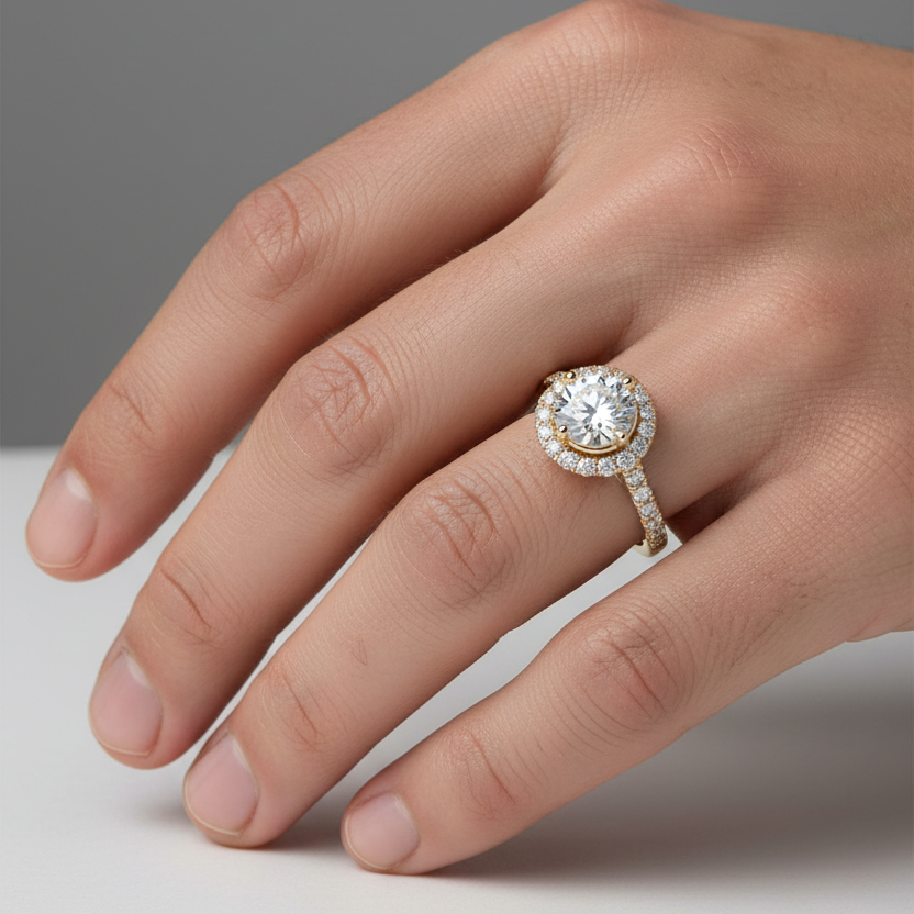 Male model wearing yellow gold round brilliant diamond halo engagement ring with continuous circular diamond halo and pavé diamond shoulders on both sides of the band