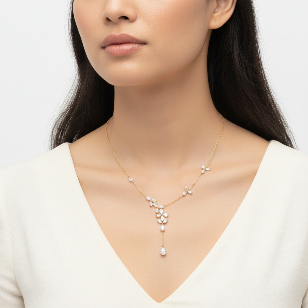 Rose-cut diamond Y-drop necklace on model