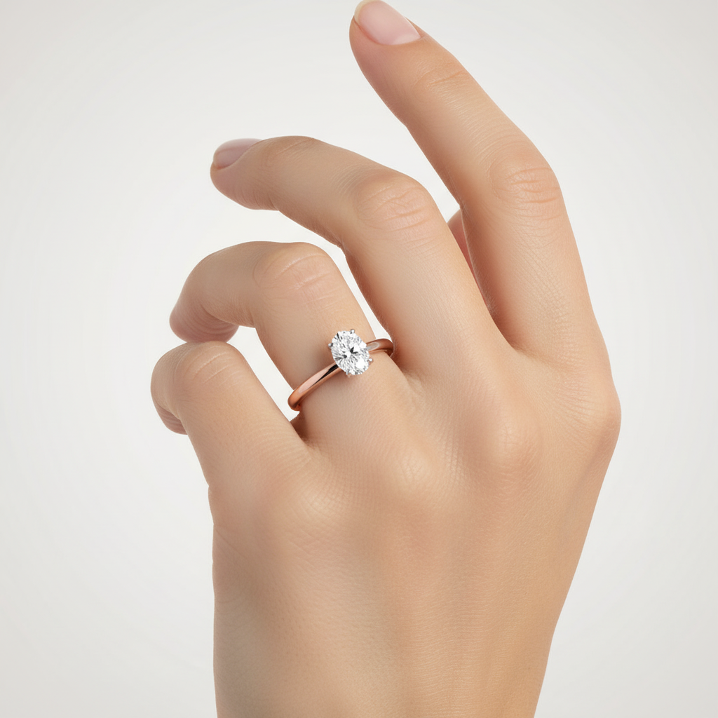 Rose gold oval diamond solitaire engagement ring on model